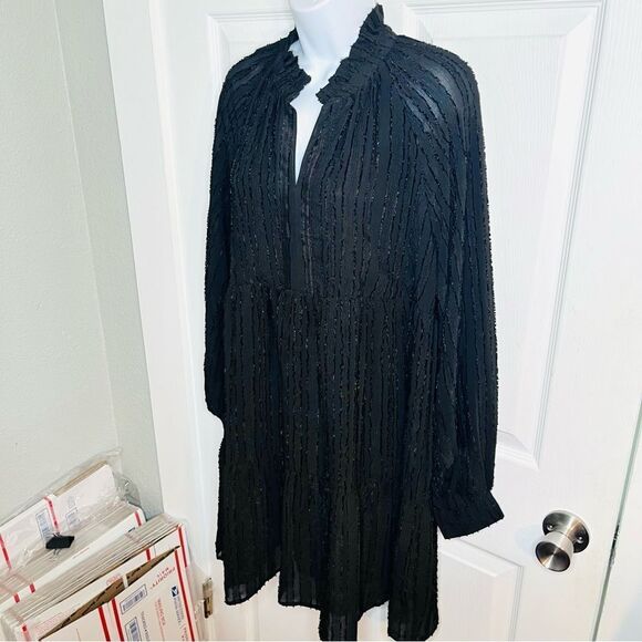 Ellison Black Textured Stripe Tiered Mini Dress Long Sleeves L - Picture 5 of 10